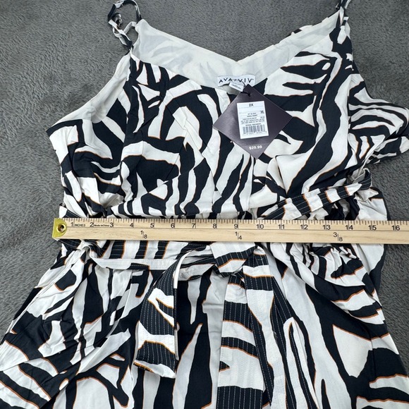 Ava & Viv Zebra Print Maxi Dress Women 2X White Black New Sleeveless V-Neck Belt - Picture 6 of 13
